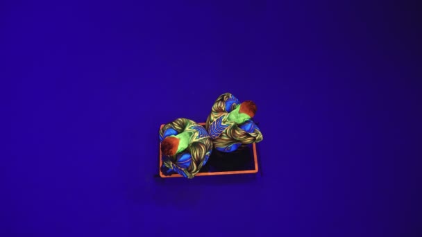 Jumeaux acrobatiques en costumes néon pour effectuer un stand sur les mains et la tête, sur cyclorama bleu en maquillage ultraviolet dans un style extraterrestre..