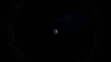 Büyük bir asteroit kümesinin halkasındaki gizemli mavi-turuncu gezegen. koyu koyu 33D boşluk grafiği