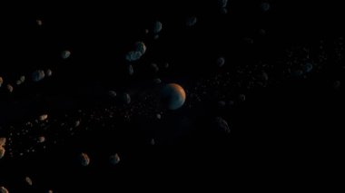 Büyük bir asteroit kümesinin halkasındaki gizemli mavi-turuncu gezegen. koyu koyu 33D boşluk grafiği