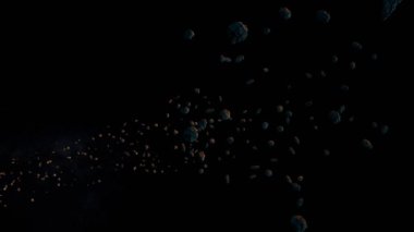 Büyük bir asteroit kümesinin halkasındaki gizemli mavi-turuncu gezegen. koyu koyu 33D boşluk grafiği