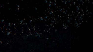 Büyük bir asteroit kümesinin halkasındaki gizemli mavi-turuncu gezegen. koyu koyu 33D boşluk grafiği