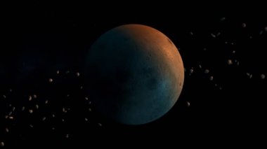 Büyük bir asteroit kümesinin halkasındaki gizemli mavi-turuncu gezegen. koyu koyu 33D boşluk grafiği