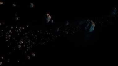 Büyük bir asteroit kümesinin halkasındaki gizemli mavi-turuncu gezegen. koyu koyu 33D boşluk grafiği