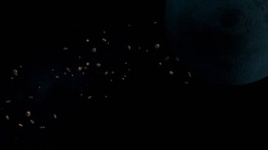 Büyük bir asteroit kümesinin halkasındaki gizemli mavi-turuncu gezegen. koyu koyu 33D boşluk grafiği