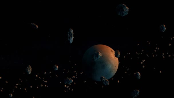Misterioasă Planetă Albastră Portocalie Inelul Unui Grup Imens Asteroizi Spațiu — Videoclip de stoc