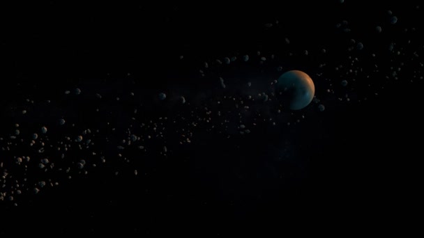 Misterioso Planeta Azul Alaranjado Anel Enorme Aglomerado Asteróides Escuro Espaço — Vídeo de Stock