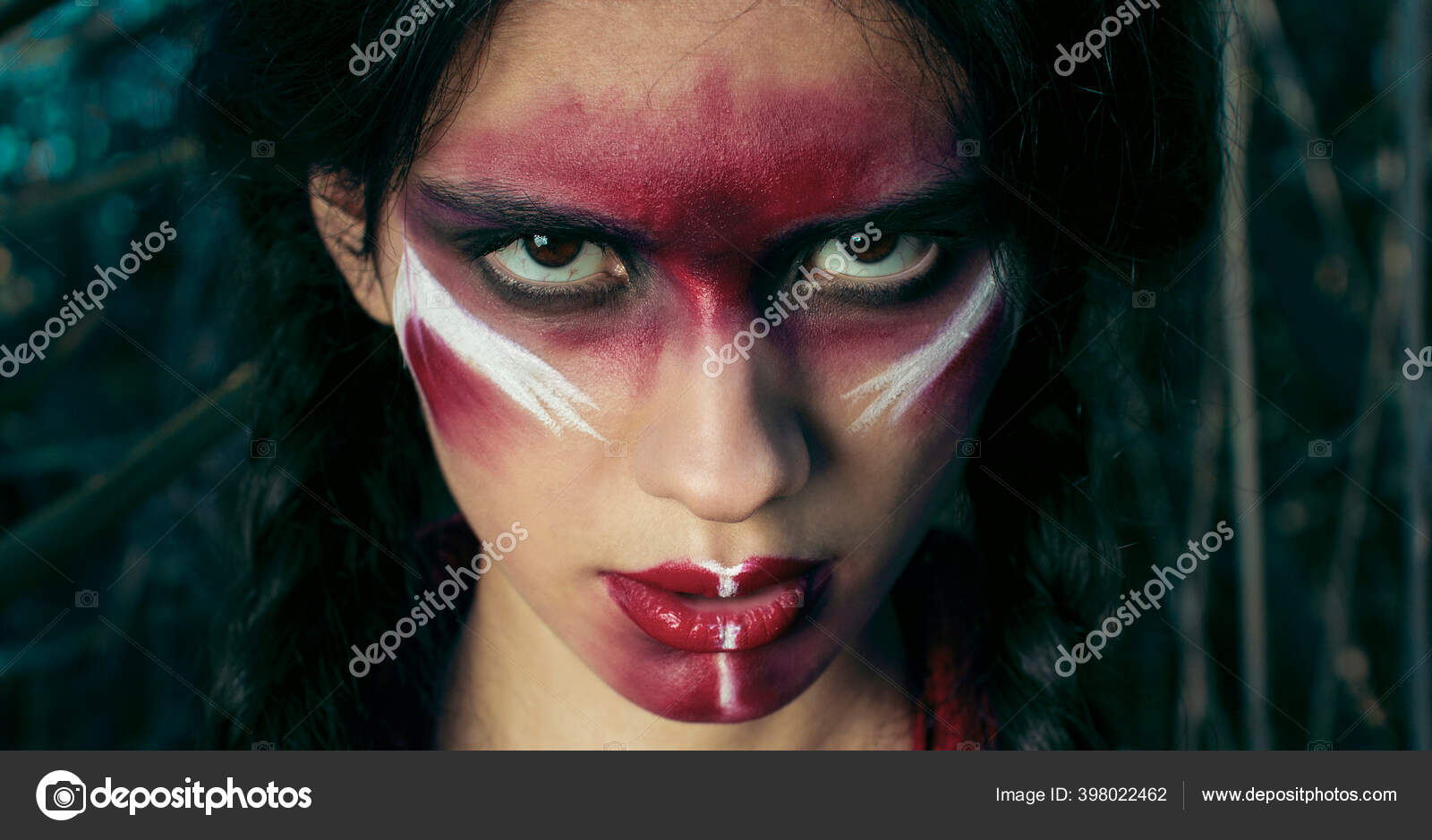 Red Skinned Indian Girl Red Makeup Her Face Posing Yellow Stock Photo