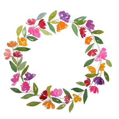 Fotokopi alanı olan suluboya bir çiçek çelengi. Çiçekler kırmızı turuncu mor ve pembe yeşil yapraklıdır..