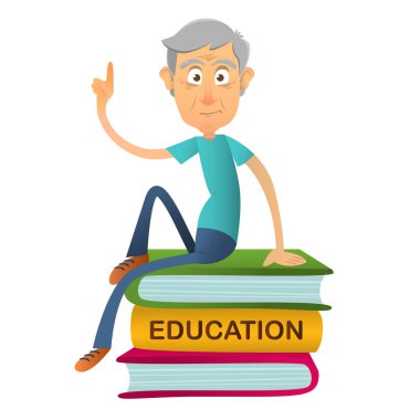 Dev kitap yığını üzerinde oturan yaşlı adam öğretmen okur. Yaşlılar için eğitim kavramı. Vektör karikatür çizim. Üst düzey kişi hisse bilgi