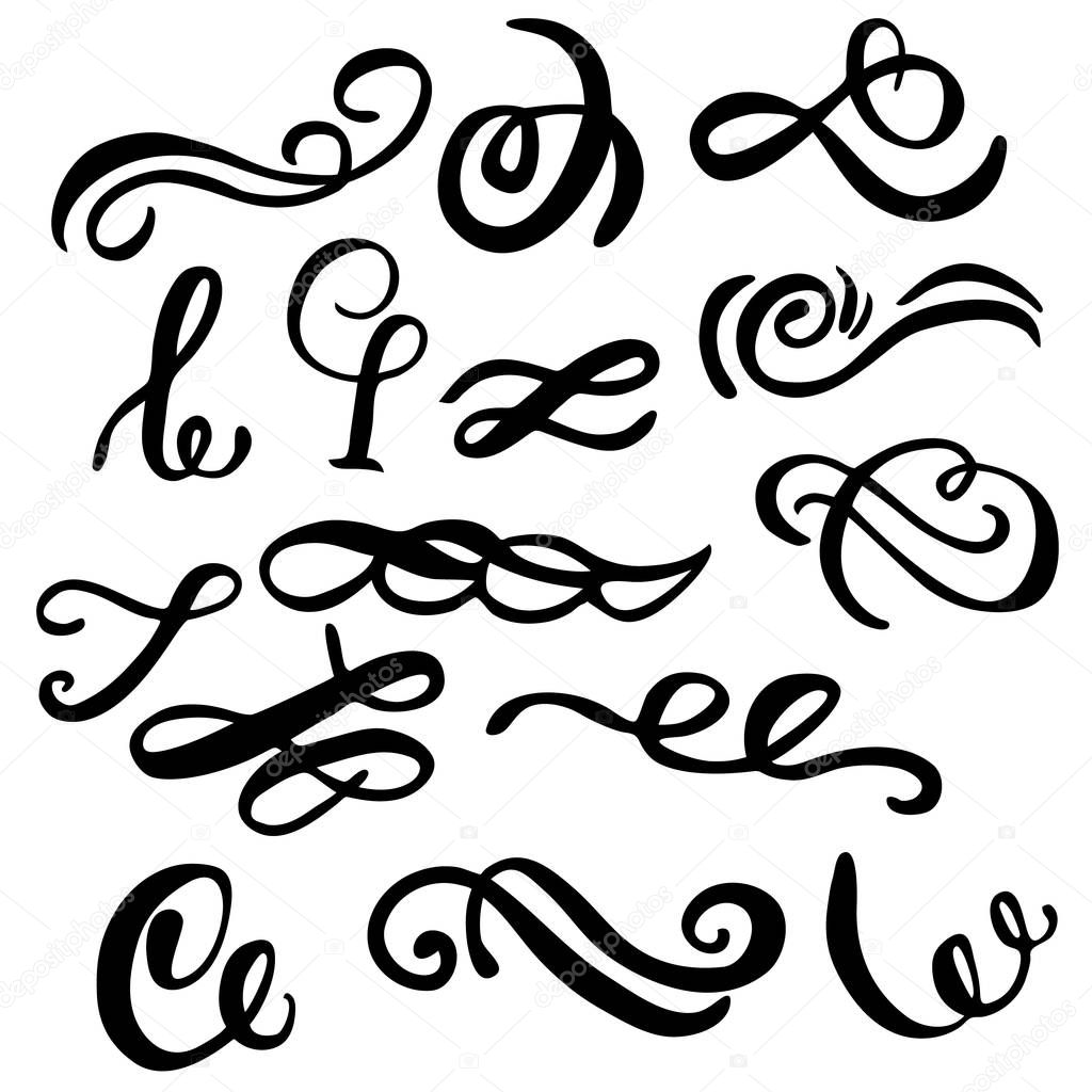 Set of hand draw elements, lines and ornaments of calligraphy brush