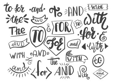 El yazısı yla yazılmış sloganlar ve farklı bağlaçların toplanması, edatlar vektör seti