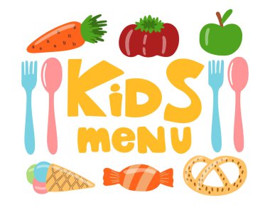 Çocuk menüsü. Sebze, meyve ve tatlılar ile parlak tabela.