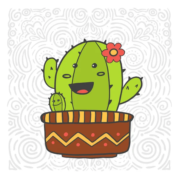 Vector cartoon illustration. Cartoon character. Cactus girl with a child in a flower pot. — Stock Vector