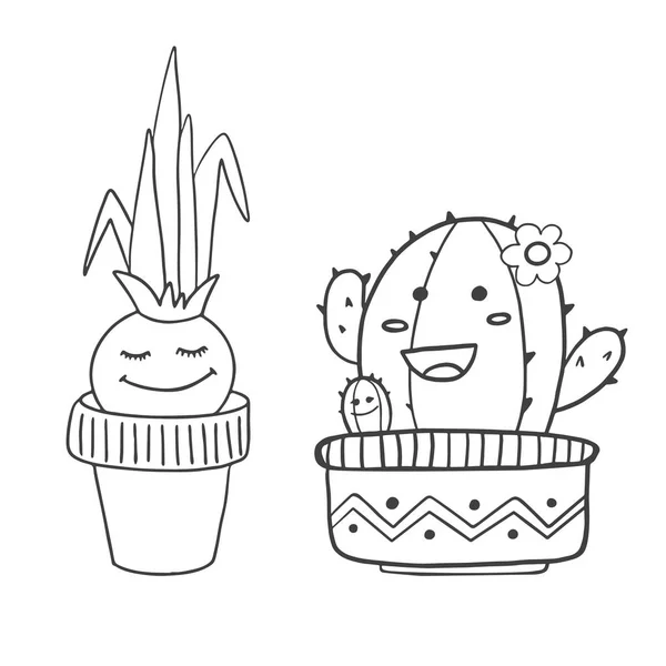 Leuke stripfiguren. Uien en cactus in bloempotten glimlachen, geïsoleerd op witte achtergrond — Stockvector