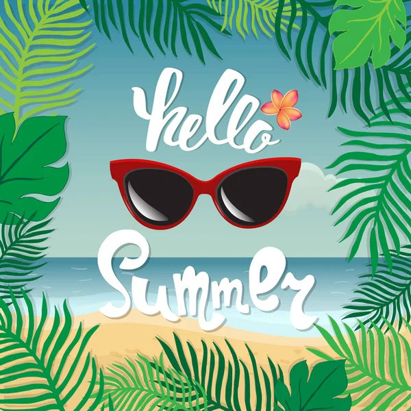 Hello summer. Hand lettering on the background of the sea shore — Stock Vector