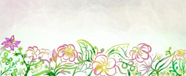 Blätter Und Blütenrahmen Mit Buntstiften Auf Sauberem Untergrund Gemalt Konzept — Stockfoto