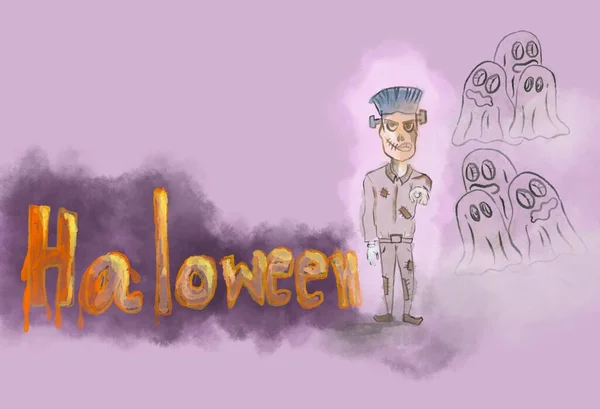 Halloween ghost drawings and letters painted by watercolor with purple backdrops.