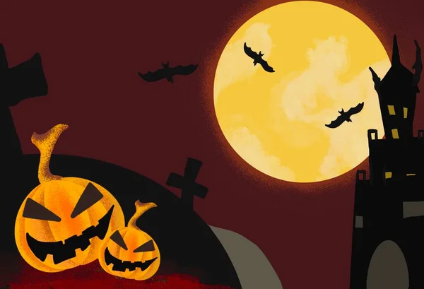 Fundo Halloween Lua Cheia Abóboras Diabo Estão Cemitério Morcegos Voando — Fotografia de Stock