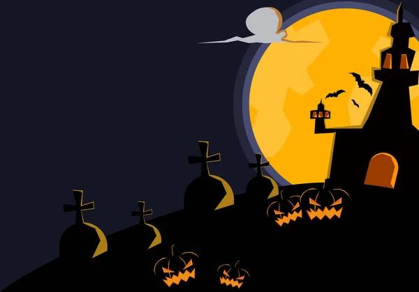 Halloween Sfondo Notte Luna Piena Cimitero Halloween Con Zucche Infestate — Vettoriale Stock