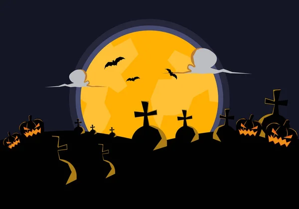 ハロウィーンの背景 満月の夜ハロウィーンと幽霊カボチャの墓地 — ストックベクタ