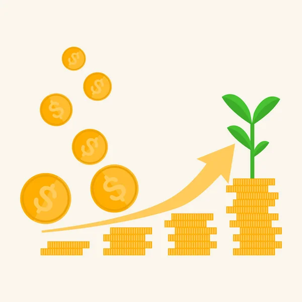 お金の成長の概念 ベクトルはお金のコインを積ま4行と木がお金で成長していると成長矢印があります — ストックベクタ
