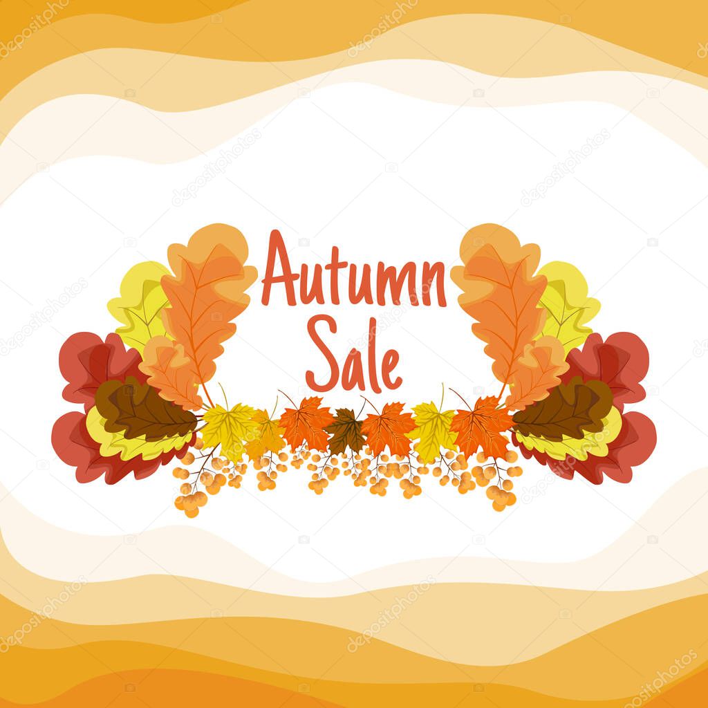Autumn sale label Maple leaves and golden oak leaves arranged in bunches, fall concept