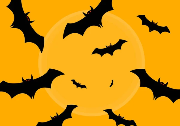 Fondo Halloween Murciélagos Volando Noche Luna Llena Murciélagos Fondo Amarillo — Vector de stock