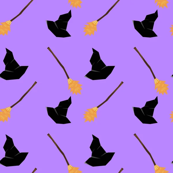 Sfondo Senza Cuciture Modello Scopa Cappello Strega Viola Halloween Sfondo — Vettoriale Stock