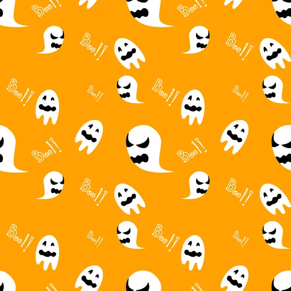 Fantasma Bonito Desenho Animado Sem Costura Padrão Fundo Laranja Halloween — Vetor de Stock