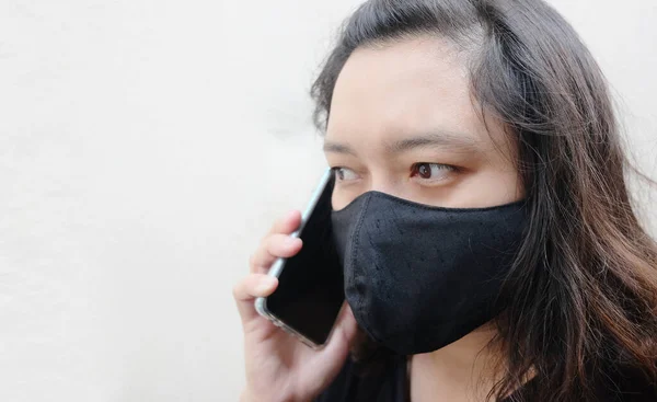 Asiatica Donna Tailandese Indossa Una Maschera Stoffa Nera Prevenire Virus — Foto Stock