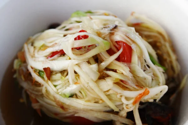 Salade Papaye Est Aliment Épicé Thaïlandais Assiette Blanche — Photo