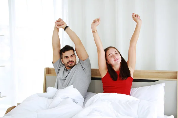 Smiling Caucasian Lover Couple Wake Stretch Lazily Bed Morning Holiday — Stock Photo, Image