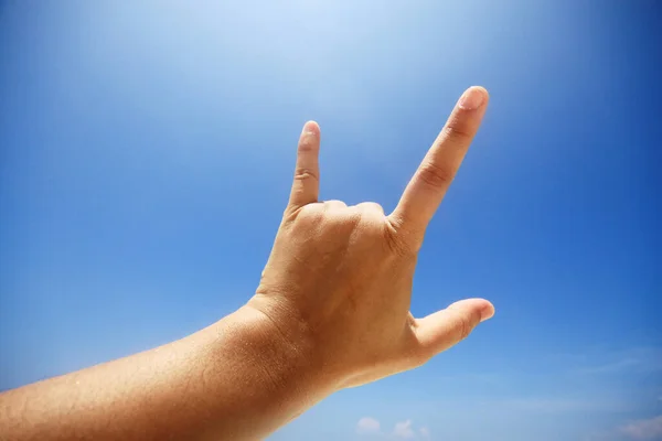 Hand Sign Love Showing Fingers Means Love You Blue Sky — Stock Photo, Image