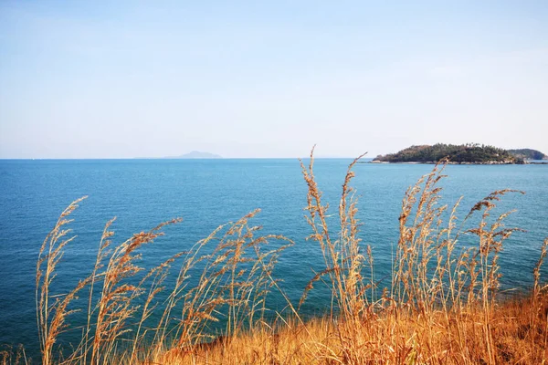 夕焼けの空と青い空と海の地平線と美しい海 Phrom Thep Capeの山の上の乾燥した芝生のフィールドは タイのプーケット島で有名です — ストック写真