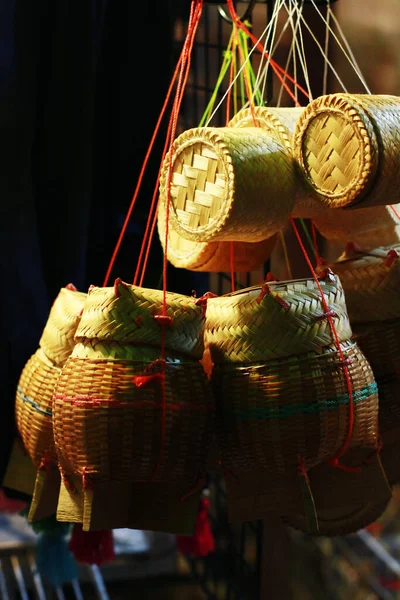 Bambu Sepetinden Yapılan Yapışkan Pirinç Sepeti Tayland Kültür Sanatıdır — Stok fotoğraf