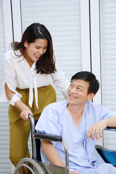 Smiling Thai Woman Caring Take Old Father Sitting Wheelchair Ill — Stock Photo, Image