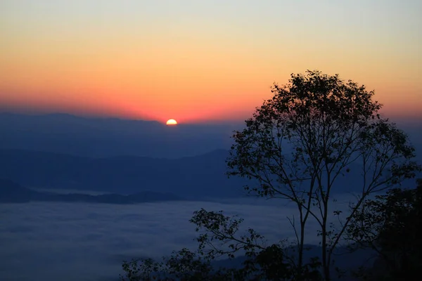 Prachtige Gouden Natuurlijk Zonlicht Twiligh Van Zonsopgang Schijnt Mist Vallei — Stockfoto