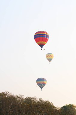 CHIANGRAI, THAILAND-FEBRUARY 14, 2016: Coloful Balonları, Tayland Uluslararası Balon Festivali 'nde mavi gökyüzü ve Balon Gecesi Parıltısı atmosferinde özgürce uçuyor.