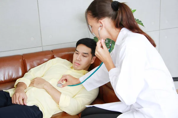 Young Caucasian Female Psychiatrist Specialist Psychiatry Check Stethoscope Thorax Asian — Stock Photo, Image