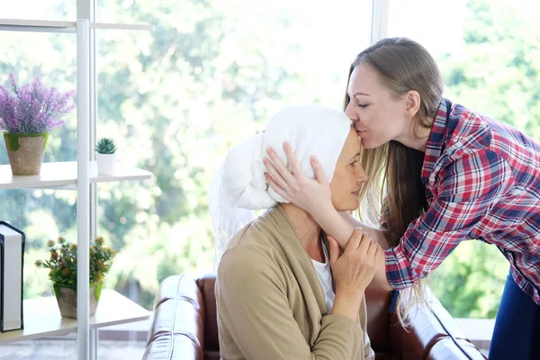 Smiling Caucasian Young Daughter Kissing Forehead Her Elderly Mother White — Stock Photo, Image