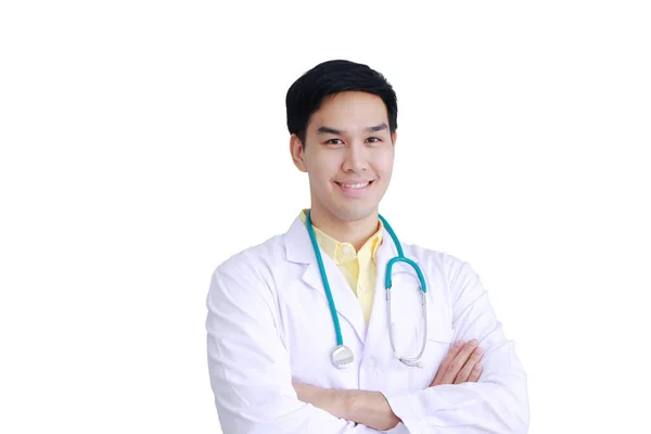 Smiling Professional Asian Man Psychiatrist Smart Doctor White Gown Uniform — Stock Photo, Image