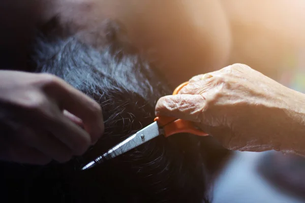 Granny\'s hand with scissors Cutting her nephew for Newly ordained Buddhist monk pray with priest procession in Thailand