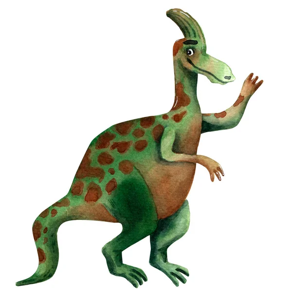 Χέρι ζωγραφισμένο υδατογραφία χαρακτήρα δεινόσαυρος. Παιδική κάρτα πρόσκλησης. Προϊστορικός αδροσαύρος. Ιουρασικό φυτοφάγο τέρας. Αστείος προϊστορικός χαρακτήρας ερπετού. Ευχετήρια πρόσκληση για παιδιά κάρτα. — Φωτογραφία Αρχείου