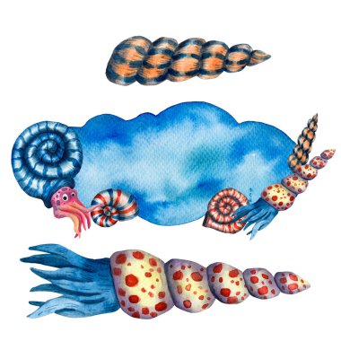 Şirin mavi suluboya leke dokusu. El yapımı mürekkep balığı afişi. Jurasik sualtı hayvanı. Erkekler için eğlenceli tasarım. Uderwater mürekkep balığı karakteri. Kenar çerçevesi. Egzotik yazı levhası. Kabuklu deniz hayvanları ve yumuşakçalar..