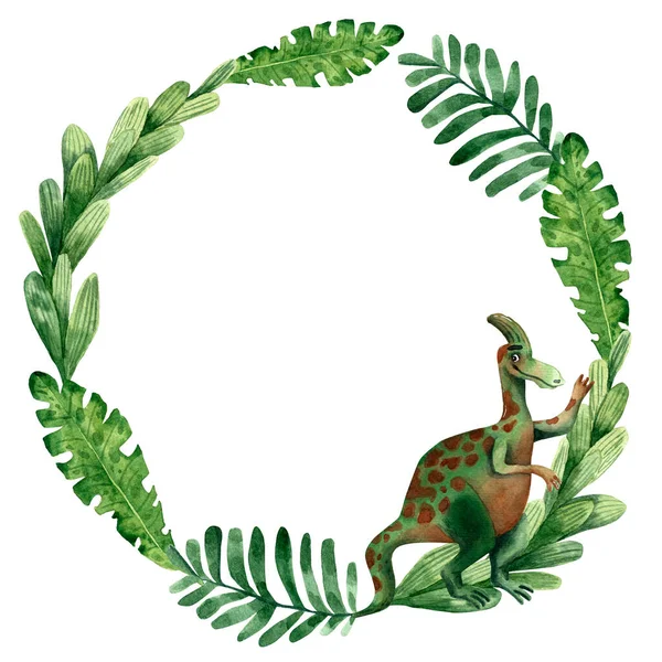 Χέρι ζωγραφισμένο ακουαρέλα floral πλαίσιο. Ωραίος πράσινος δεινόσαυρος. Παιδική κάρτα πρόσκλησης. Κύκλος βοτανικό σύνορο. Προϊστορικά φυτά και αδροόσαυροι. Τζουράσικ τέρας. Αστείος προϊστορικός χαρακτήρας ερπετών. — Φωτογραφία Αρχείου