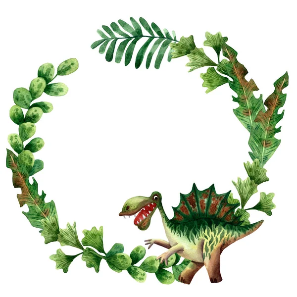 Χέρι ζωγραφισμένο ακουαρέλα floral πλαίσιο. Ωραίος πράσινος δεινόσαυρος. Παιδική κάρτα πρόσκλησης. Κύκλος βοτανικό σύνορο. Προϊστορικά φυτά και Σπινόσαυροι. Τζουράσικ τέρας. Αστείος προϊστορικός χαρακτήρας ερπετών. — Φωτογραφία Αρχείου