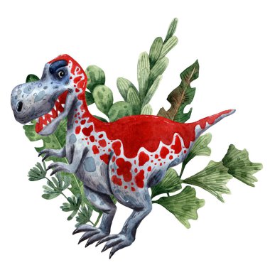 El çizimi suluboya dinozor karakteri. Çocuk davetiyesi. Tarih öncesi tyrannosaurus rex. Jurasik canavar. Komik tarih öncesi sürüngen. Davetli çocuk kartı. Paleontoloji çizimi.