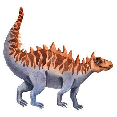 El çizimi suluboya dinozor karakteri. Çocuk davetiyesi. Tarih öncesi Jura dönemi canavarı. Komik renkli sürüngen. Davetli çocuk kartı. Paleontoloji çizimi.