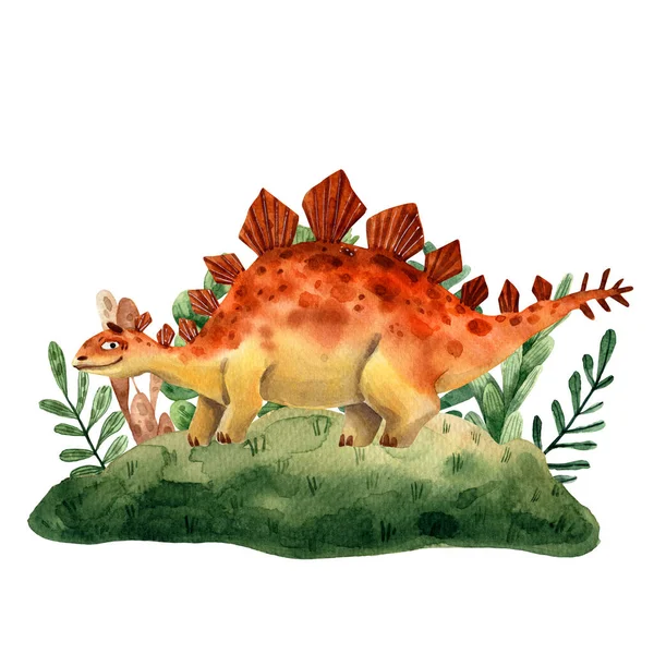 Handgezeichnete Aquarell Dinosaurier-Figur. Einladungskarte für Kinder. Prähistorischer Stegosaurus. Jurassisches pflanzenfressendes Monster. Lustige prähistorische Reptilienfigur. Grußkarte für Kinder. — Stockfoto