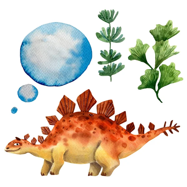 Handgezeichnete Aquarell Dinosaurier-Figur. Einladungskarte für Kinder. Prähistorischer Stegosaurus. Jurassisches pflanzenfressendes Monster. Lustige prähistorische Reptilienfigur. Grußkarte für Kinder. — Stockfoto